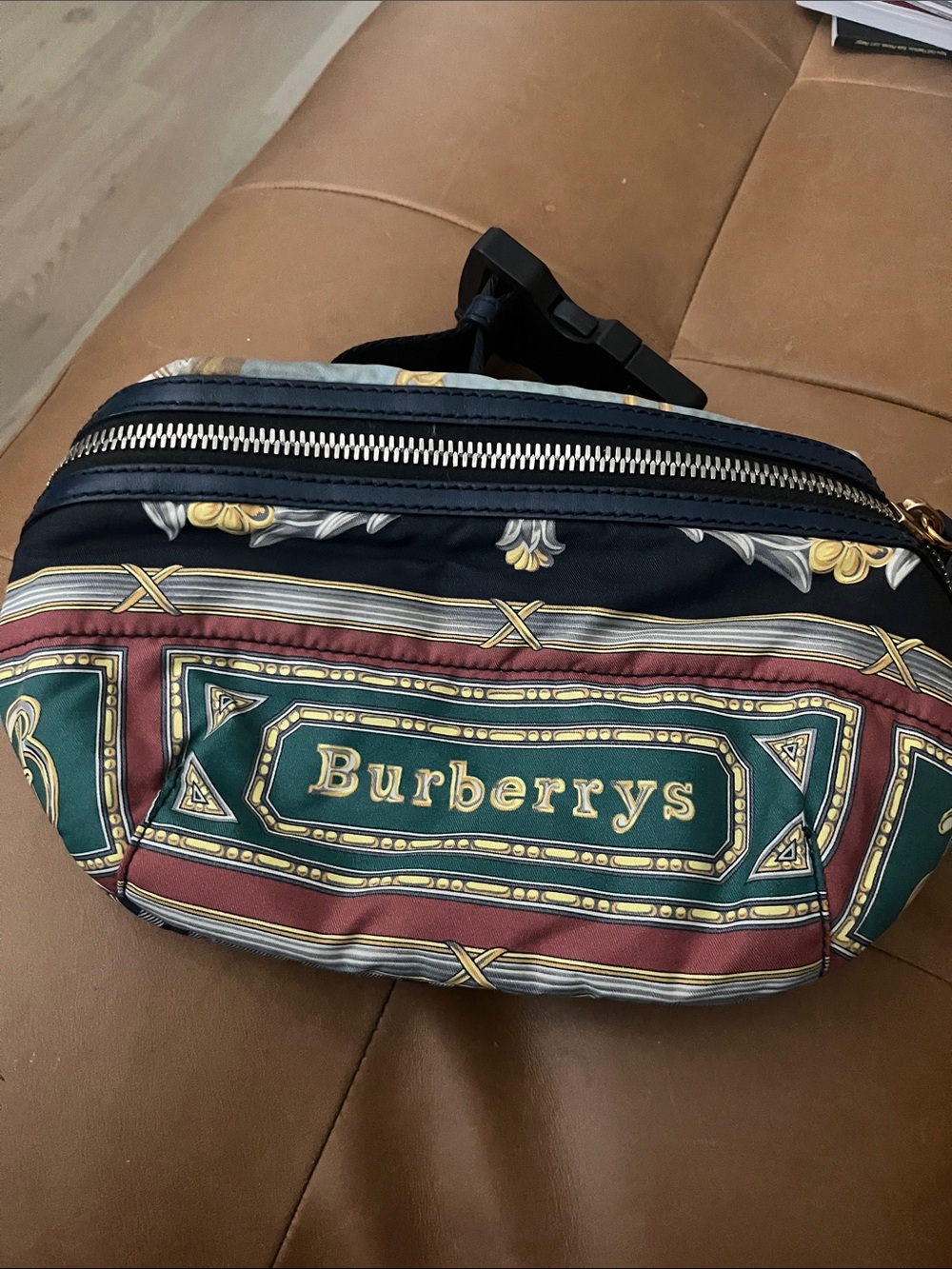 Burberrys Multicolor Printed Belt Bag with Navy, Green & Burgundy Panels